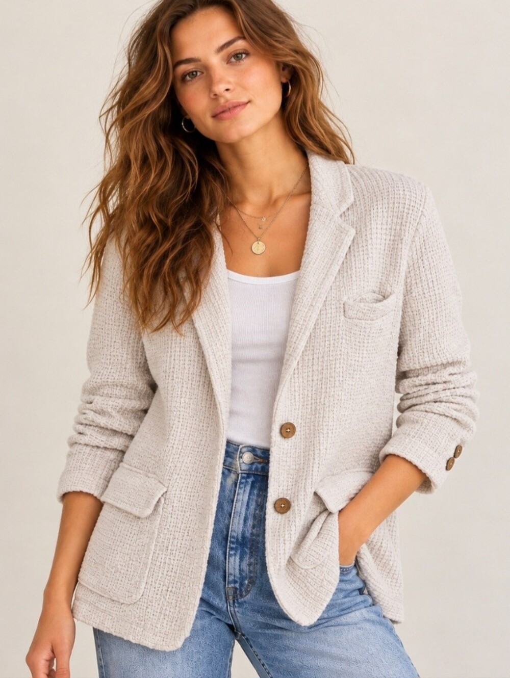 Free People Ivory Textured Knit Blazer Cardigan Jacket Relaxed Boho Small